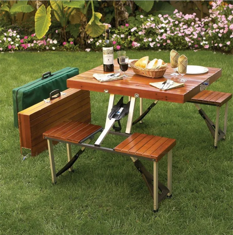 Mesas e cadeiras dobráveis de uma peça de madeira maciça ao ar livre portátil de madeira piquenique mesas e cadeiras dobráveis de liga de alumínio cnlf