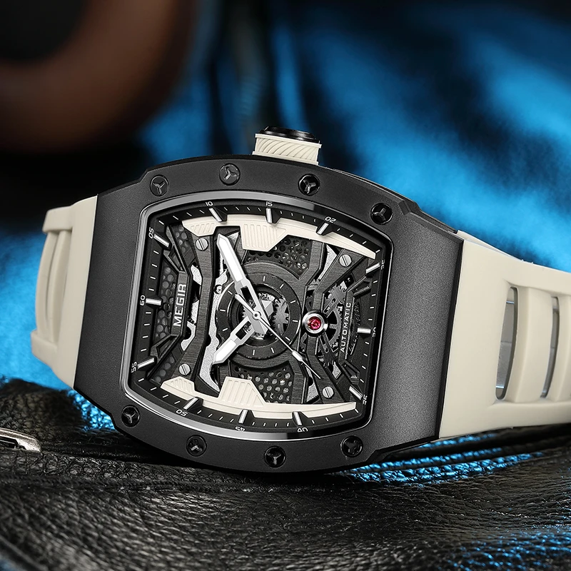 8604 men's rectangular automatic mechanical watch, featuring a stainless steel case and silicone strap, with a stylish design