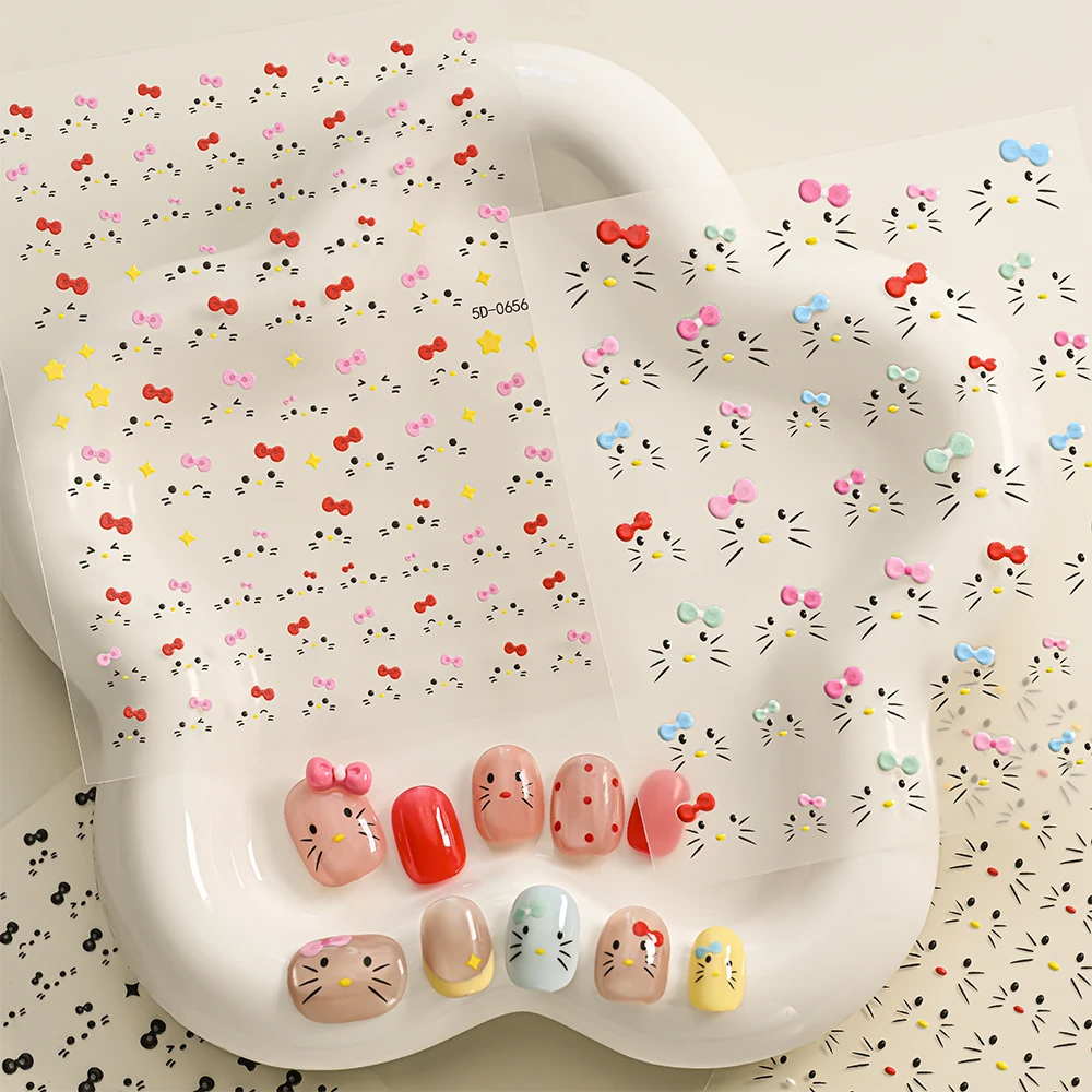 2 fogli simpatico gattino faccia adesivi per unghie cartone animato 5D fiocchi rosa pentagramma felice decalcomanie per unghie fai da te Y2K dolci ragazze inverno unghie Decor