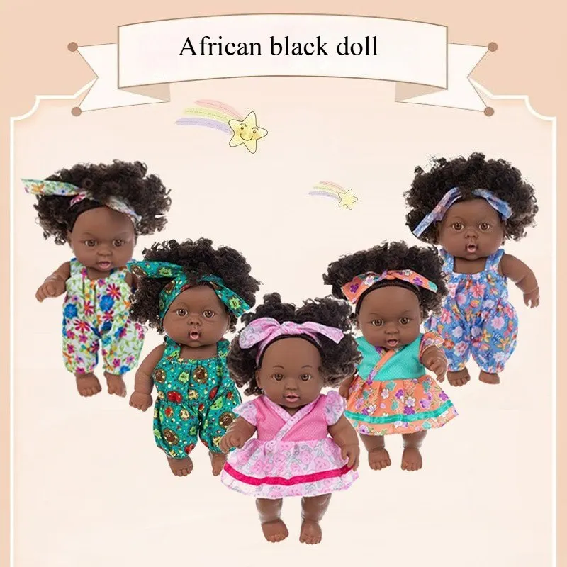 

8-inch African black doll, washable, cute big eyes, vinyl rebirth doll children's Companion toy
