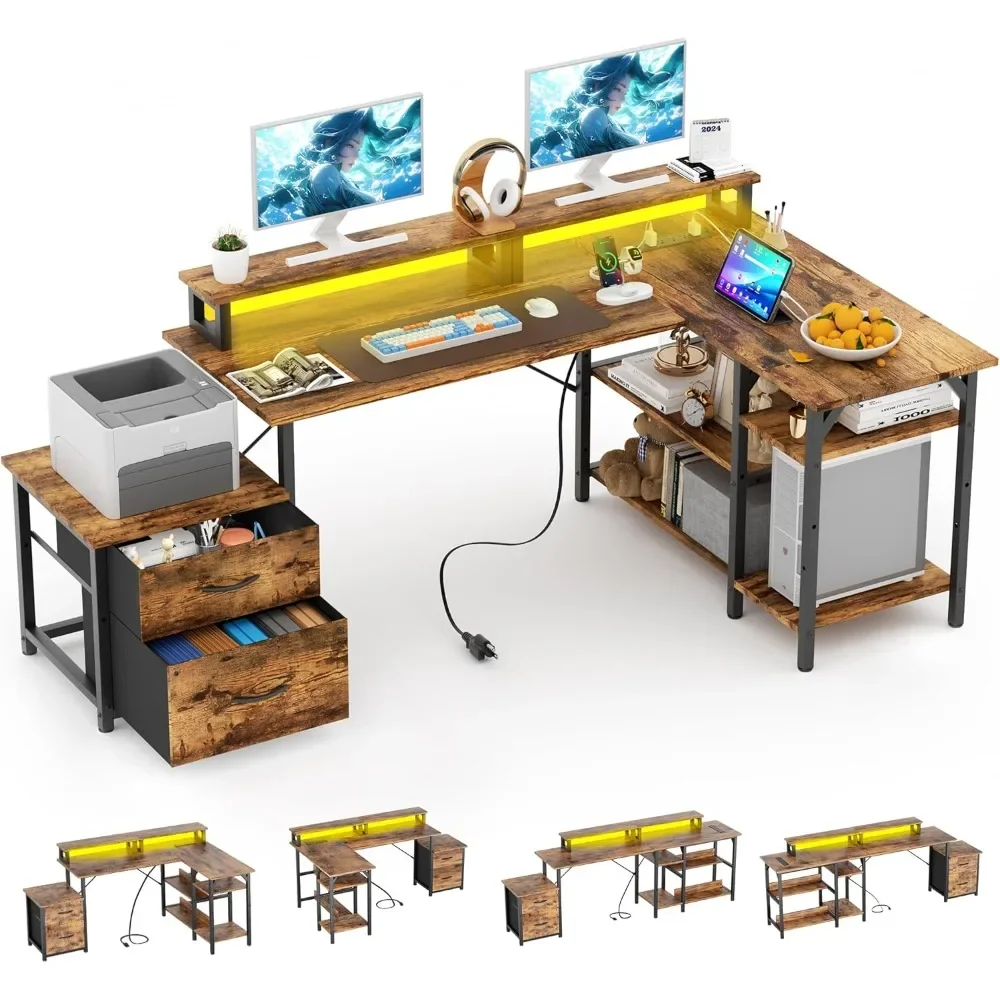 L Shaped Desk with Storage, Home Office Desk,67 Inch Corner Desk Large Reversible Computer Desks Writing Study Table Workstation