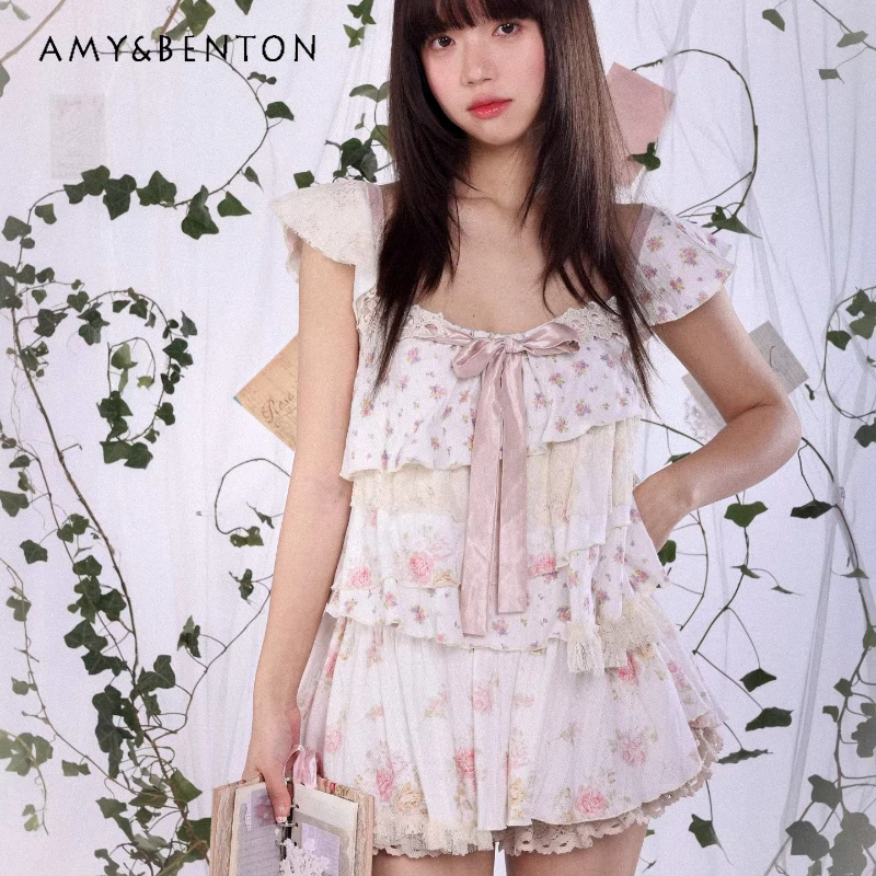 

Женские жилеты в японском стиле с асимметричным кроем, лето 2026, новинка, милые, универсальные, в стиле Y2K, с цветочным принтом, с рукавами-крылышками, на бретельках