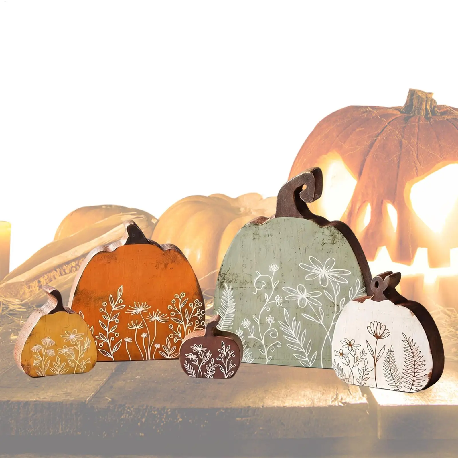 Thanksgiving Halloween Fall Wooden Pumpkin Tabletop Decor Floral Printed Pumpkin Ornaments Autumn Desktop Decoration for Home