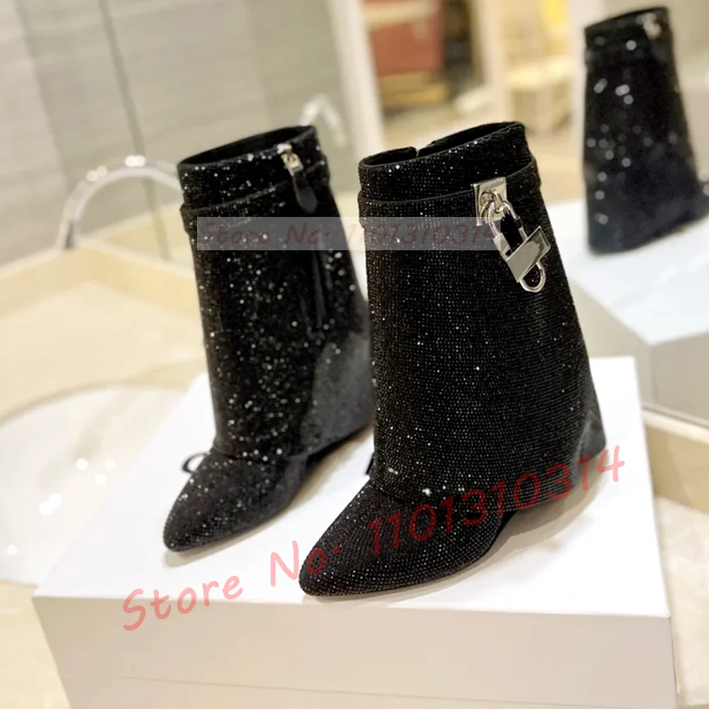 Crystal Upper Ankle Boots With Metal Lock Women Winter Round Toe Fold Over Shoes Fashion Luxury Sparkling Ladies Wedge Shoes