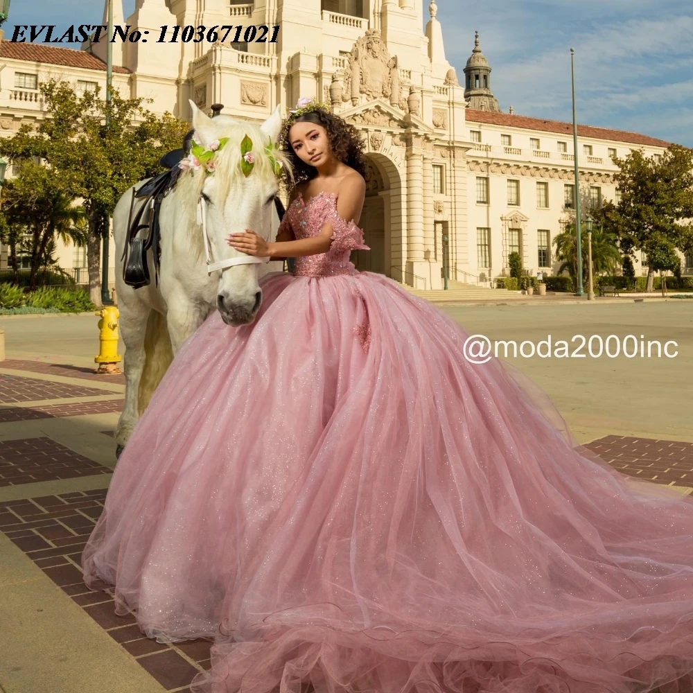 EVLAST Glitter Charro Pink Quinnceanera Dress Ball Gown Lace Applique Beading Mexican Corset Sweet 16 Vestidos De 15 Anos SQ588