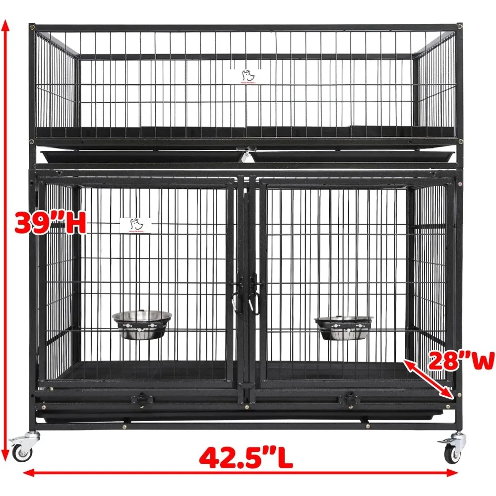 43 inch metal wire dog splice box, stackable dog cage style kennel with wheels, dividers, plastic floor grilles, and trays