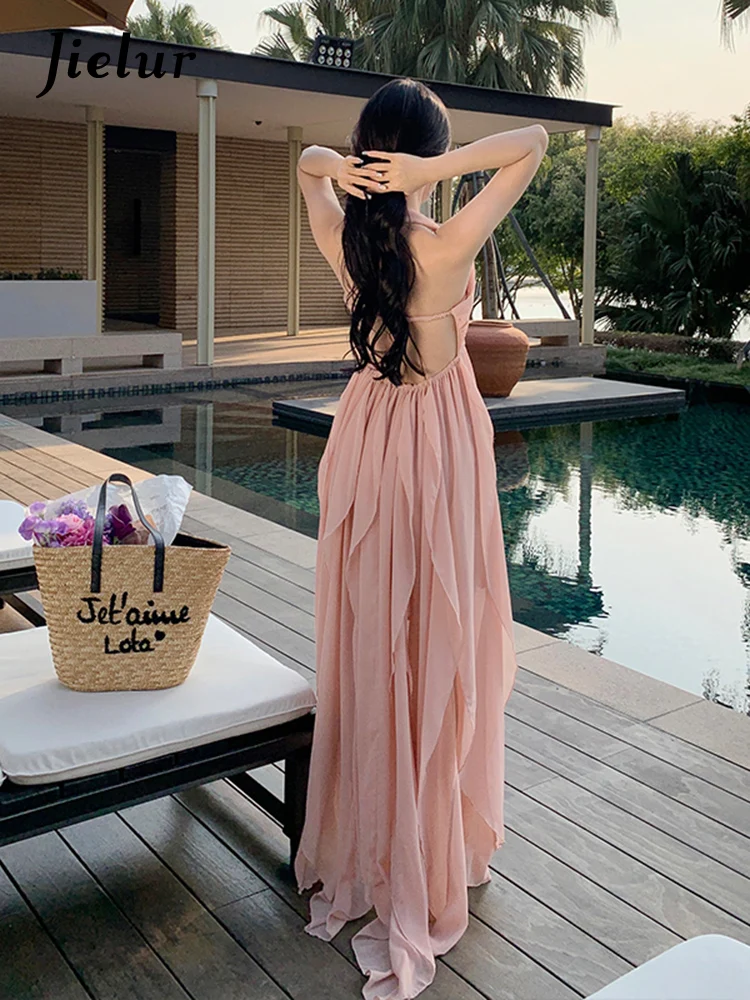 Jielur Strapless Long Dresses Celebrity Backless Irregular Pink Chiffon Dress Women Fashion Elegant Lady Dress Female Holiday