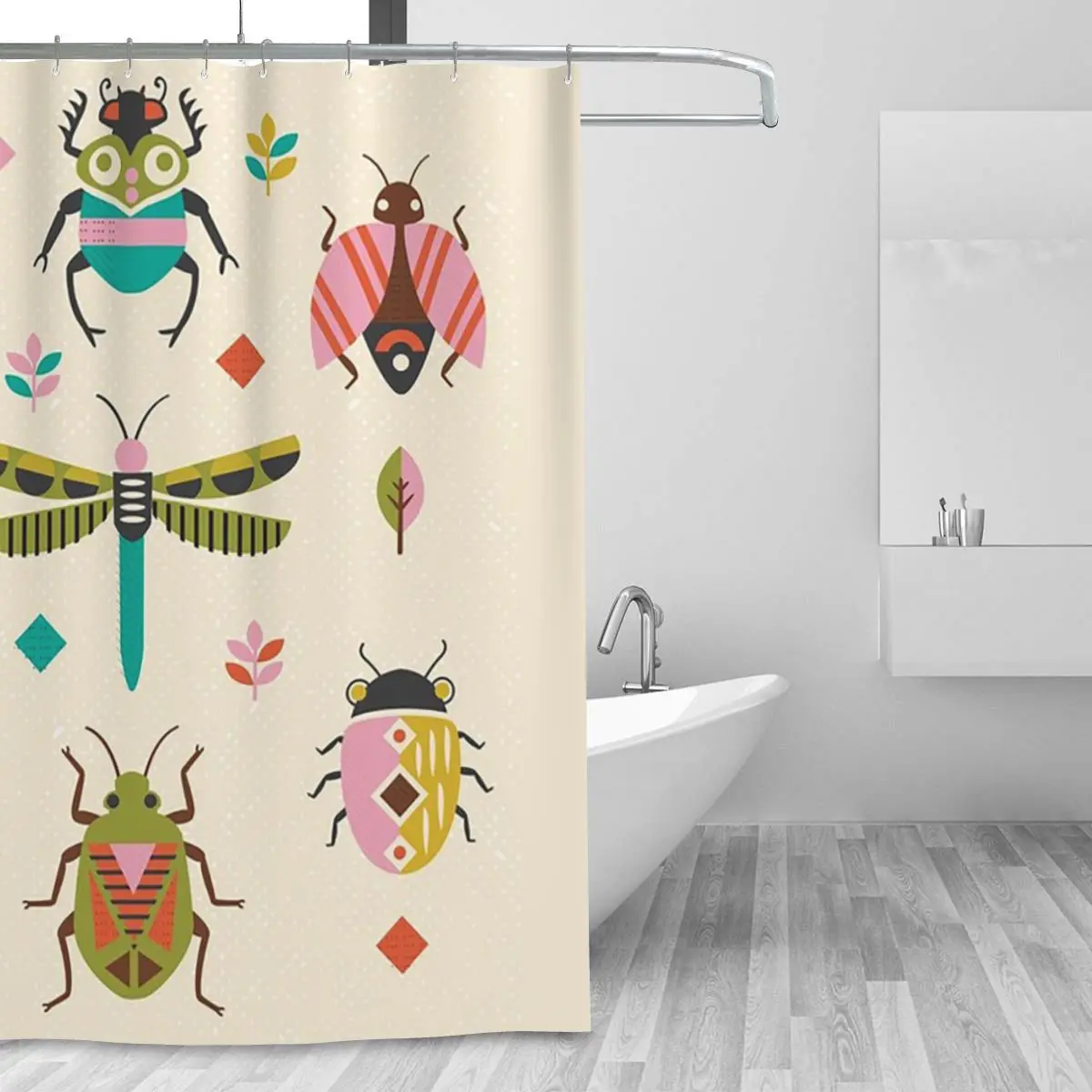 Mid Century Bugs Shower Curtain Bathroom Polyester Waterproof Bath Curtains with Hooks