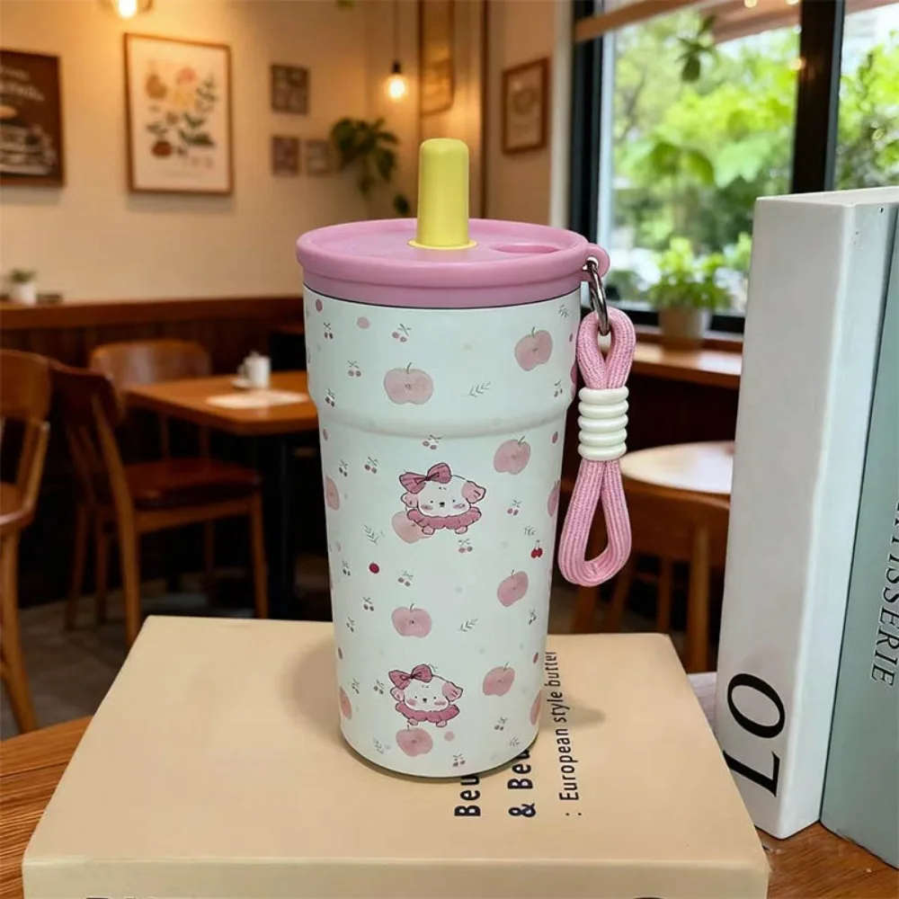 Taza de vacío portátil de 500ML, taza de vacío de paja doble para bebida de gran capacidad con cuerda de elevación, tubo de succión a prueba de fugas, vasos