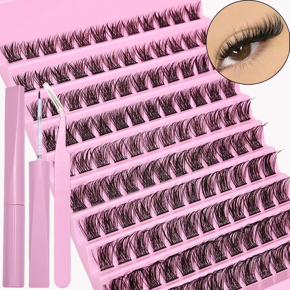 120Pcs False Eyelashes Extension Kit with Tweezers and Adhesive ,DIY Lash Clusters Mix Length Eye Makeup Tool