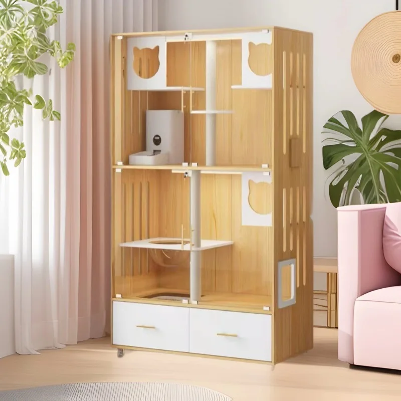New Luxury Wood 2-Layer Cat Villa-Household Rectangular Cat Cabinet & Cage With Waterproof Nest Indoor Big Cat House Breeding