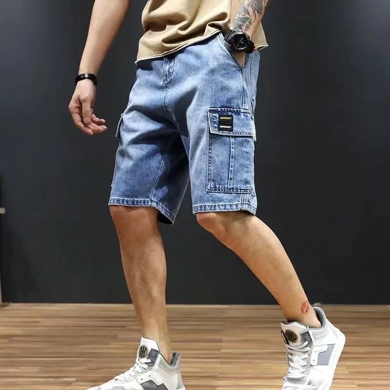 Summer Classic Fashion Solid Color Multi-pocket Straight-leg Cargo Denim Shorts Men's Casual Loose Fit Sports High Quality Short