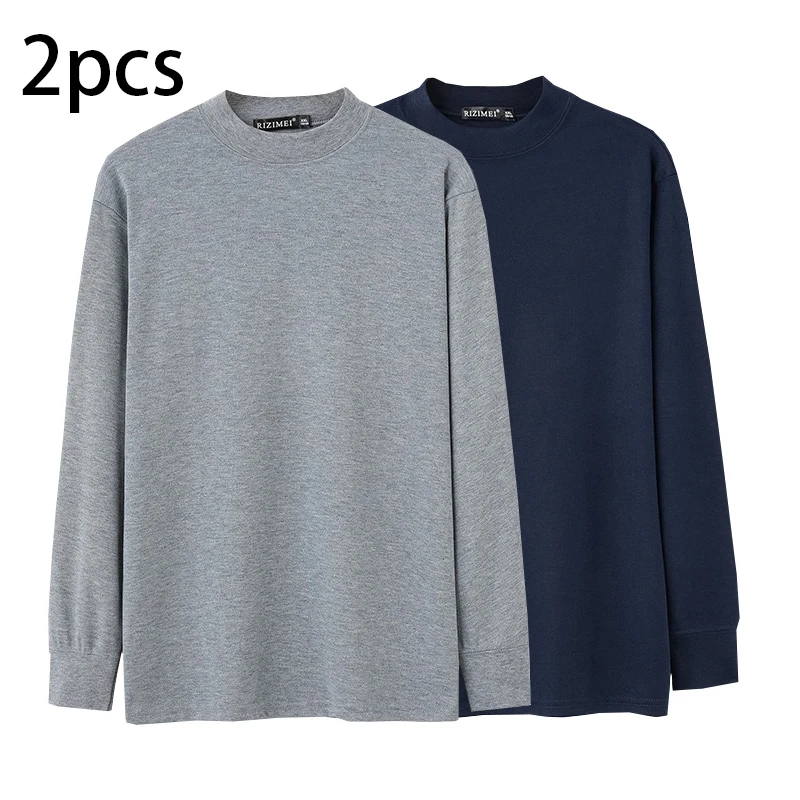 2pcs Men's Long-sleeved Thermal Underwear Men Half High Collar Solid Cotton Autumn Winter Round-Neck Autumn clothes Tops