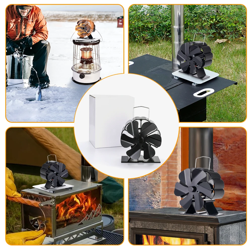 Miniventilador negro de 6 aspas para chimenea, sistema de ventilado para quemador de leña, silencioso, con distribución eficiente del calor