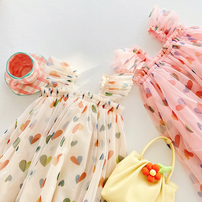 Kids Girl Valentine’s Day Heart Print Tulle Dress Flying Sleeve Butterfly Suspender A-Line Dress for Spring Summer Mesh Sundress