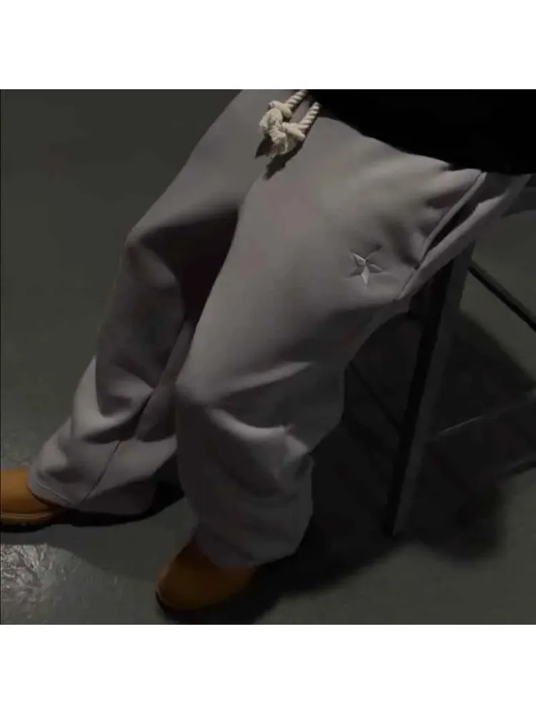 HOUZHOU Letter Embroidery Double Waisted Sweatpants Harajuku Wide Leg  American Style Jogging Pants Baggy Solid Color Casual