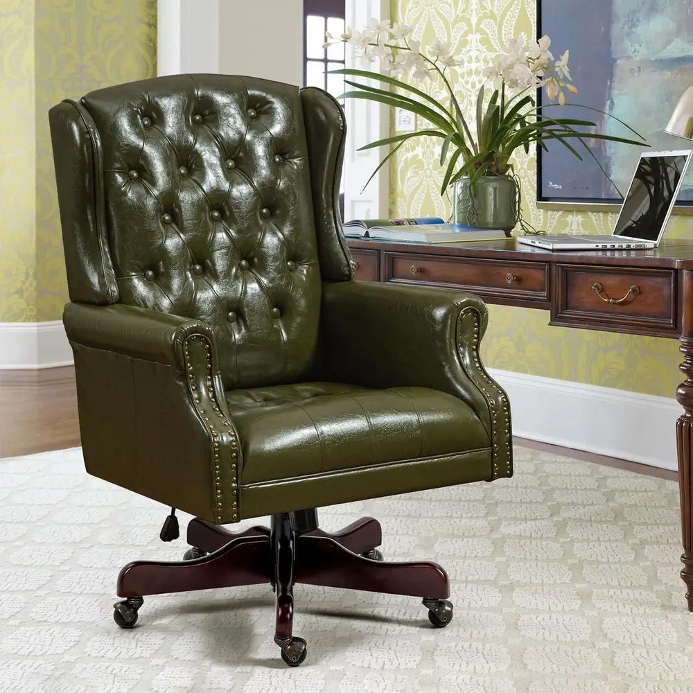 

Green High-Back Leather Wingback Chair with Nail Trim for Home Office and Living Room