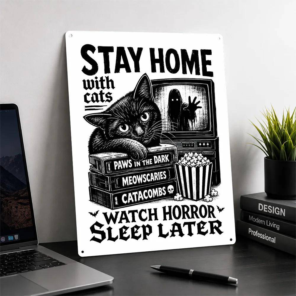 Stay Home Watch Horror Sleep Later Cat Personalized 3D Textured Metal Poster Wall Art Tinplate Sign for Office Decor Room Items