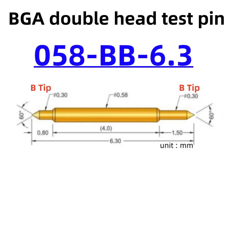 100pcs Double-ended Test Needle Test Probe BGA Semiconductor Probe 058-BB-6.3L Telescopic Spring Test Pin 6.3 Pogo Pin