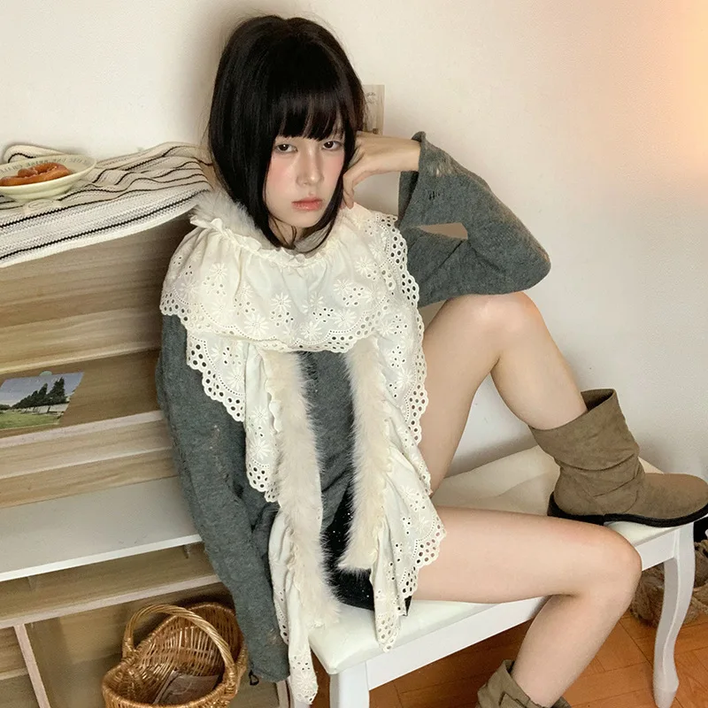 Shibuya هوتي ريترو الدانتيل أفخم وشاح Y2K الكورية Ins الحلو نمط الفراء وشاح دافئ جميل لطيف الدانتيل في الهواء الطلق يؤرخ وشاح #3