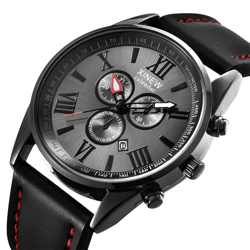 Original XINEW Brand Men Watches Boys Fashion Casual Leather Band Date Quartz Wrist Watch Black Montre Homme Reloj Hombre 2025
