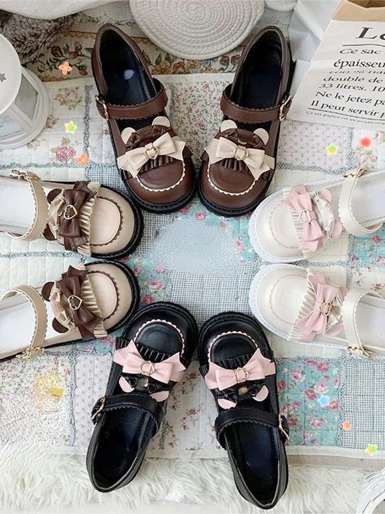 Kawaii Bowknot Lolita Shoes Japanese JK Uniform Shoes Retro College Style Female Student Lovely Round Toe Shoes 2023 Summer