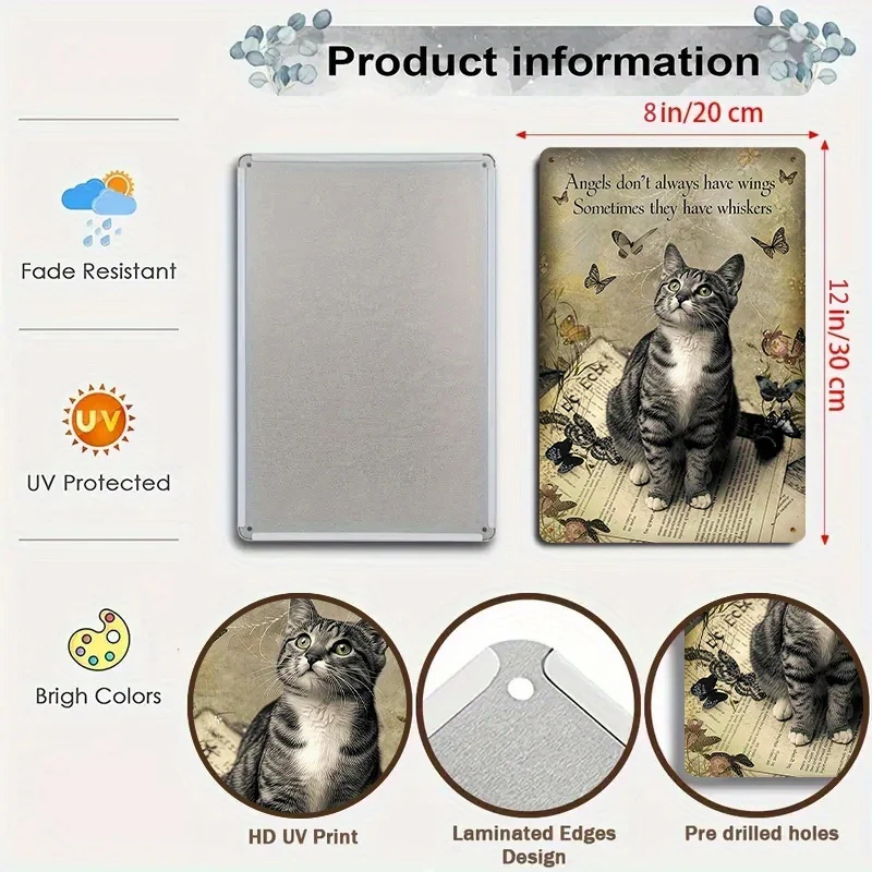 لافتات فنية مسطحة ثنائية الأبعاد للقطط الرجعية - "الملائكة لا تتطلب أجنحة، في بعض الأحيان لها شعيرات" - قطة مضحكة، فراشة