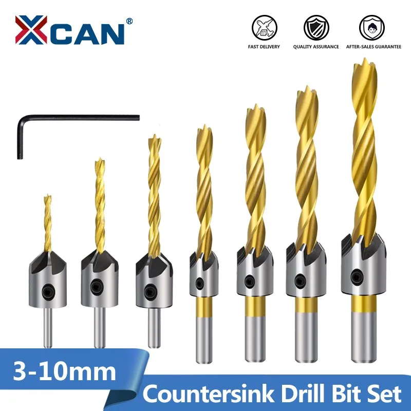 XCAN Drill Bit 3-10mm Titanium Coating Countersink Drill Bit Set with Hex Key Screw Hole Drill Cutter HSS Woodworking Tool