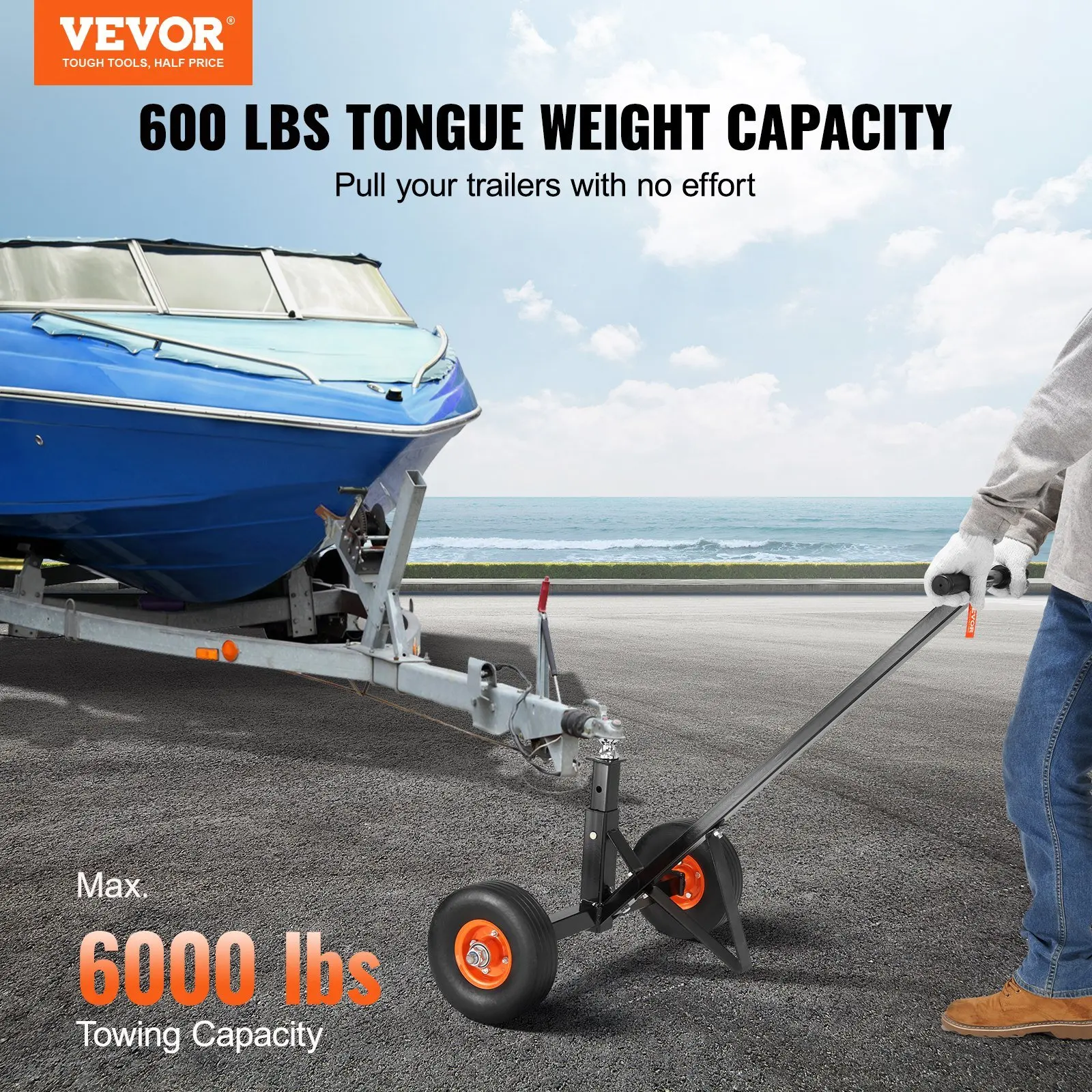 Vevor Adjustable Trailer Cart, 600lbs Tongue Weight Capacity, Carbon Steel Trailer Mover with 16 ''-24'' Adjustable Height, 1-7/8 ''Hook Ball & 10'' Solid Tire, Ideal Mobile Car RV Boat Trailer