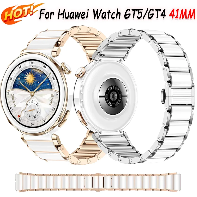 

New 18mm Ceramic Strap for Huawei Watch GT5 Pro 42mm Women Butterfly Buckle Replacement Wristband for Huawei Watch GT5 GT4 41mm