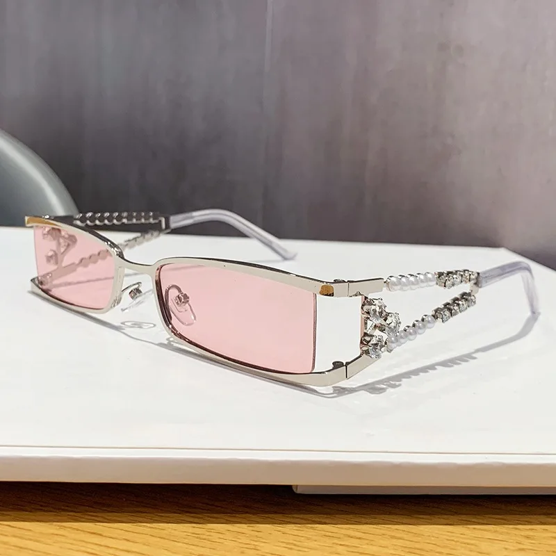 Vintage Small Square Crystal Shiny Sunglasses for Women New Fashion Matel Pearl Luxury Sun Glasses Ladies Y2K Driving Shades