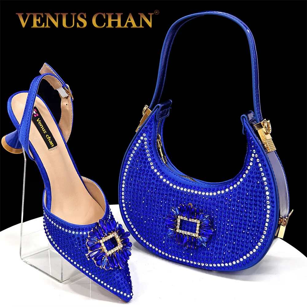 Venus Chan, nuevos zapatos de tacón y bolso italianos azules para fiesta, estilo 2025 INS, puntiagudos, diamantes de imitación, elegantes tacones bajos, cuña para mujer