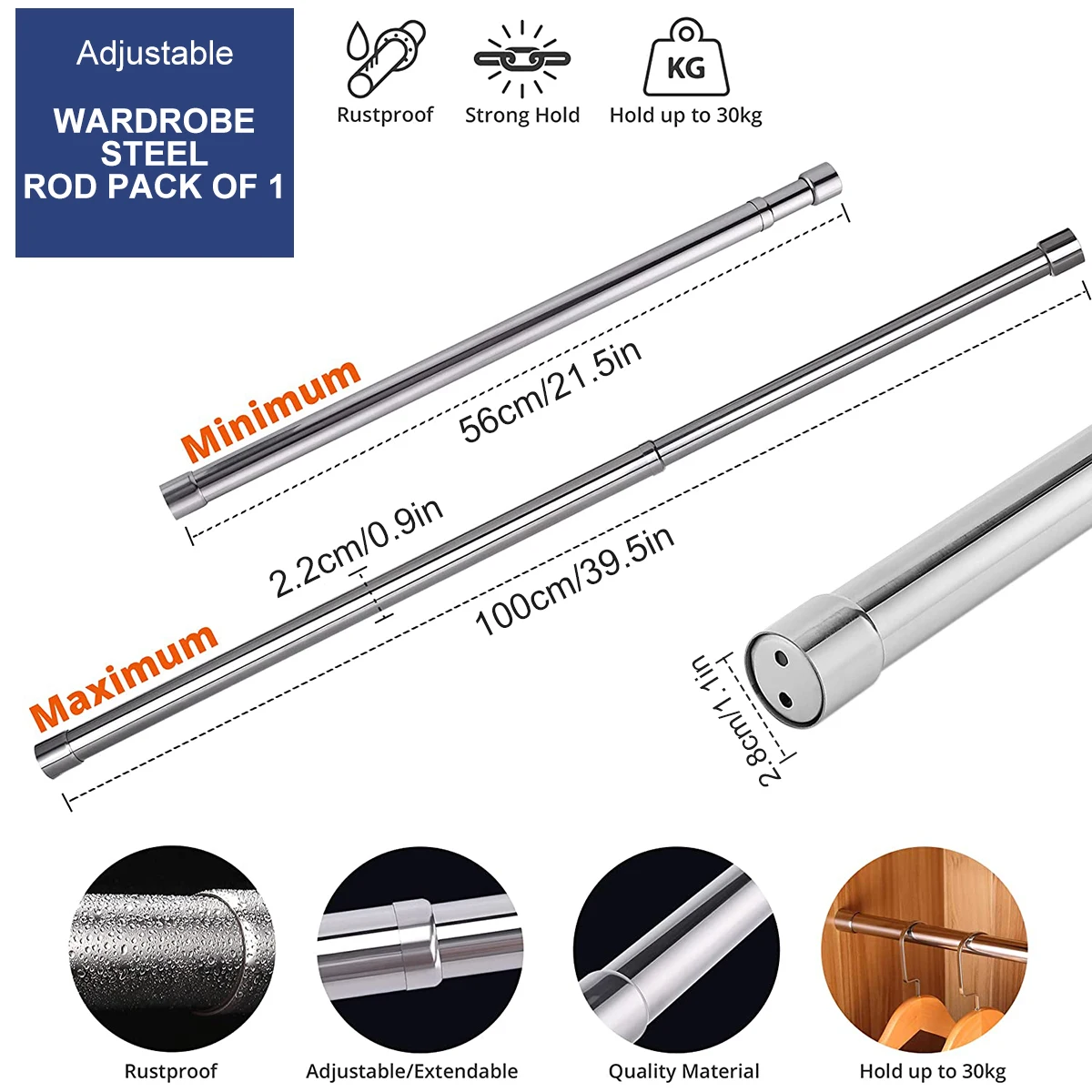 Wardrobe Rail Extendable Clothing Rail 56-100cm Stainless Steel Clothes Rod with End Sockets Screws Adjustable Closet Rail Pole