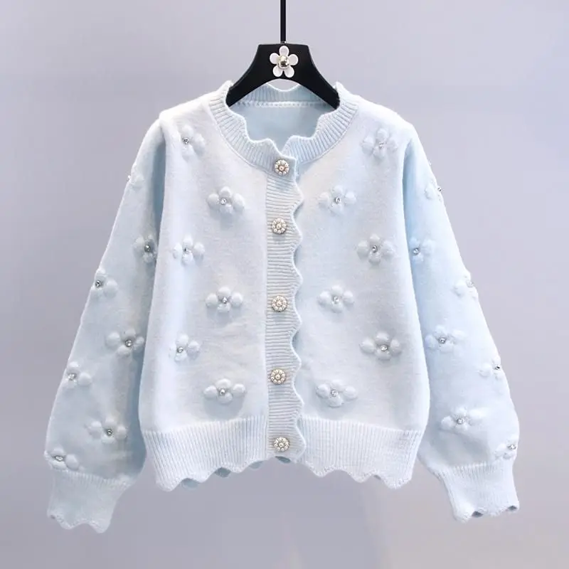 Women\'s Rhinestone 3D Flower Sweet Chic Kawaii Y2K Knitted Sweater Autumn Winter Trendy Preppy Style Long Sleeve Button Cardigan