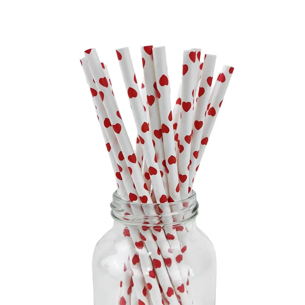 100pcs 3 Colors Disposable Paper Straw Multipurpose Environment Protection Beverage Straw Heart Print Paper Pipette