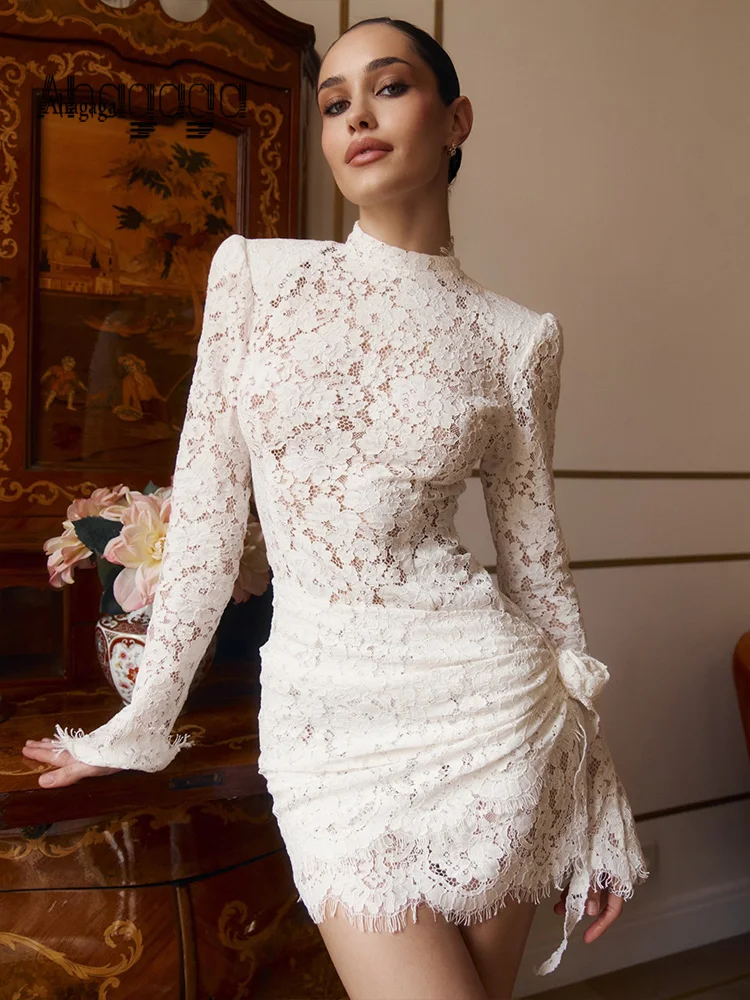 

Ahagaga Fashion Lace Mini Dresses Elegant High Neck Solid Slim Long Sleeve Bodycon Party Clubwear Streetwear Woman Vestidos Robe