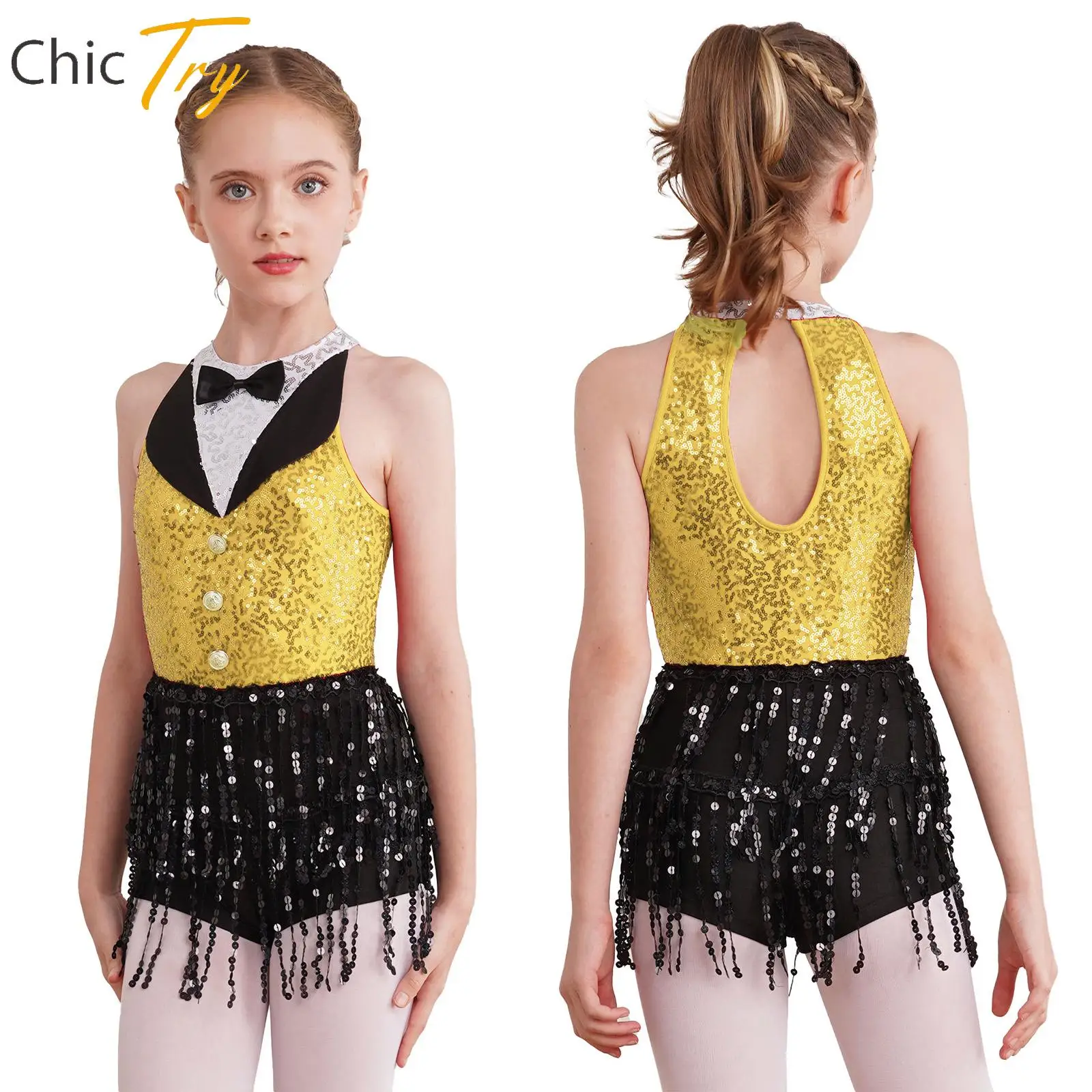 Stylish Children Girls Jazz Latin Dance Dress Shiny Sequin Sleeveless Tassel Bodysuit Boyshort Performance Dancing Party Costume