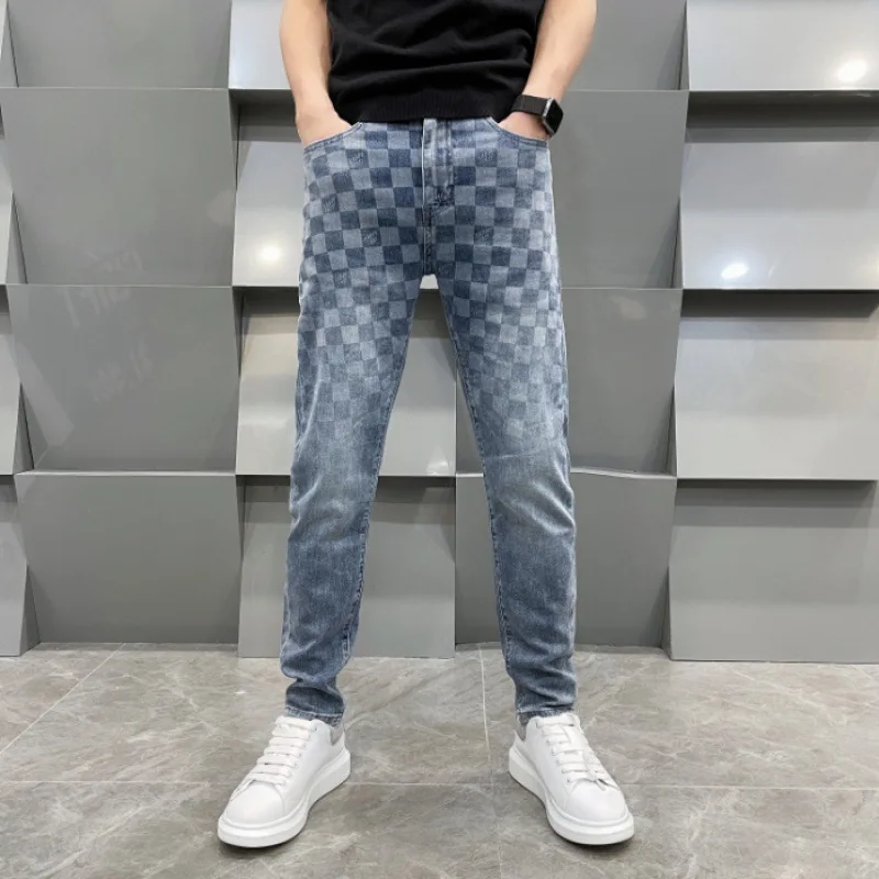 Light luxury high-end jeans Men's Fashion Square plaid printed design Stretch Slim fit light straight-leg trendy pants