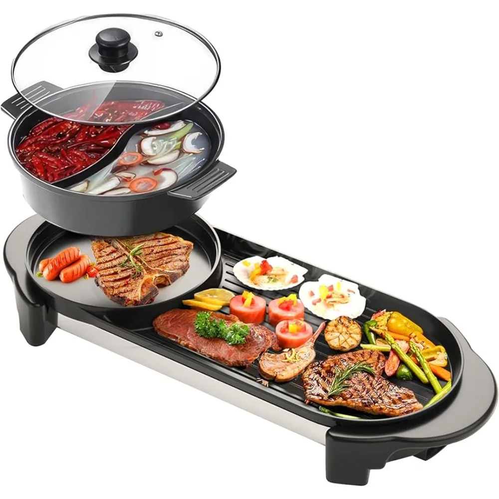 2200W Removable Hotpot Pot, Large Capacity Baking Tray, Non-Stick Skillet Pan, Dual Adjustable Temperature, 1-6 People