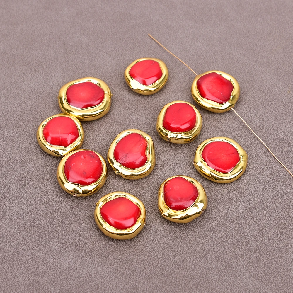 APDGG Wholesale 10 Pcs Natural Red Coral Coin Beads Gold Plated Edge Gems Bezel Beads Accessories Jewelry Findings DIY