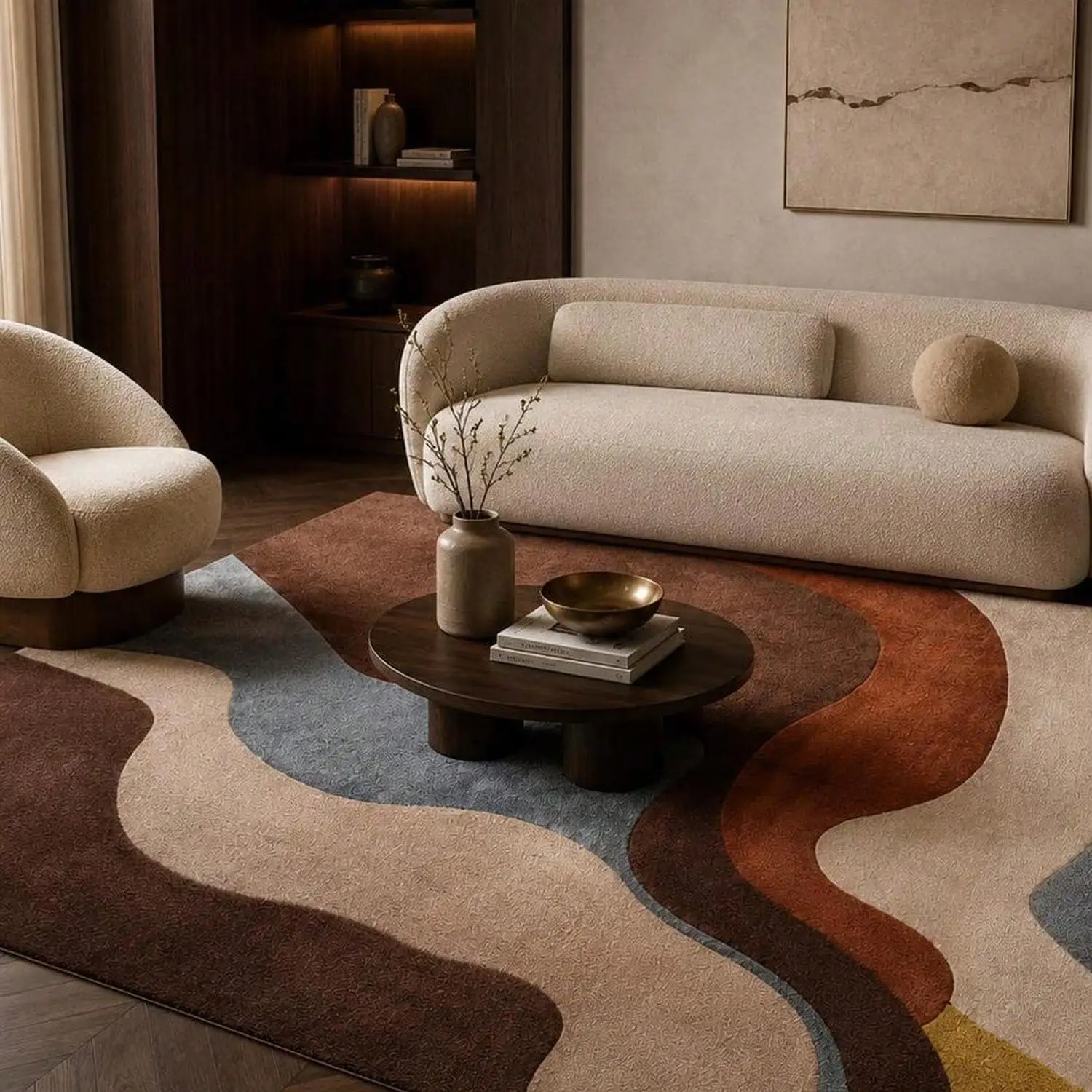 Abstract Carpet with Cream-Colored Wavy Stripe Design, Customizable in Size, Made on Demand