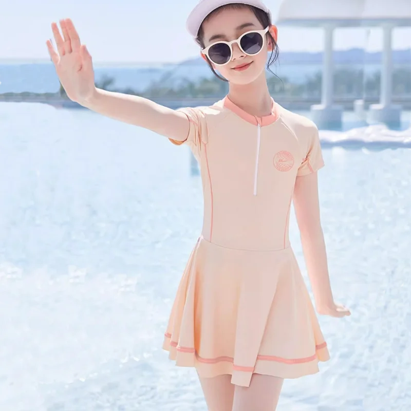 Solid Girls Swimsuit With Shorts Kids Swimwear Short Sleeve Children Two-Piece Suits Bathing Suits For Teen Girls Swimming