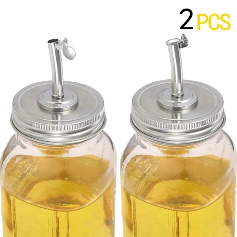 Jar Pourer Lid Set in 304 Rustproof Steel, 2 Threaded Metal Dispenser Top Lid with Narrow Spouts for Kitchen Oils, 87HA