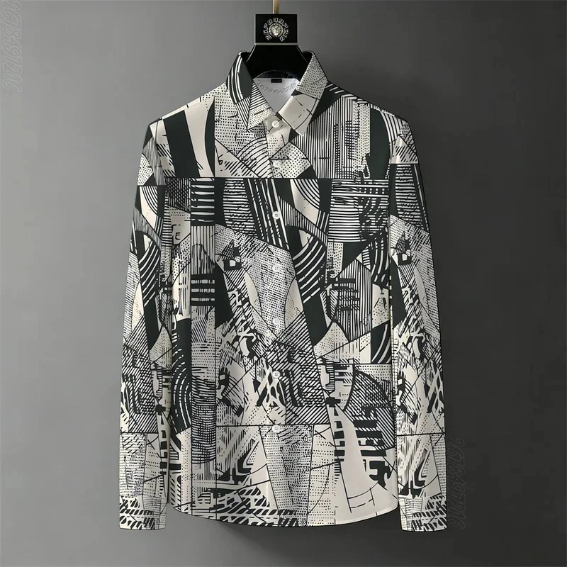 2026 Spring/Autumn New Men's Business 3D Printed Long-Sleeve Shirt, Retro Baroque Color Block Wrinkle-Free Casual Shirt
