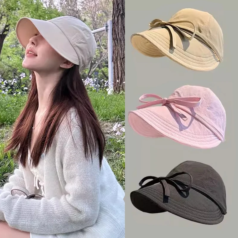 Fashion Summer Quick Drying Bucket Hat Women Girl Sweet Knotted Bows Wide Brim Panama Sun Hats Outdoor Beach Tour Fishermen Caps