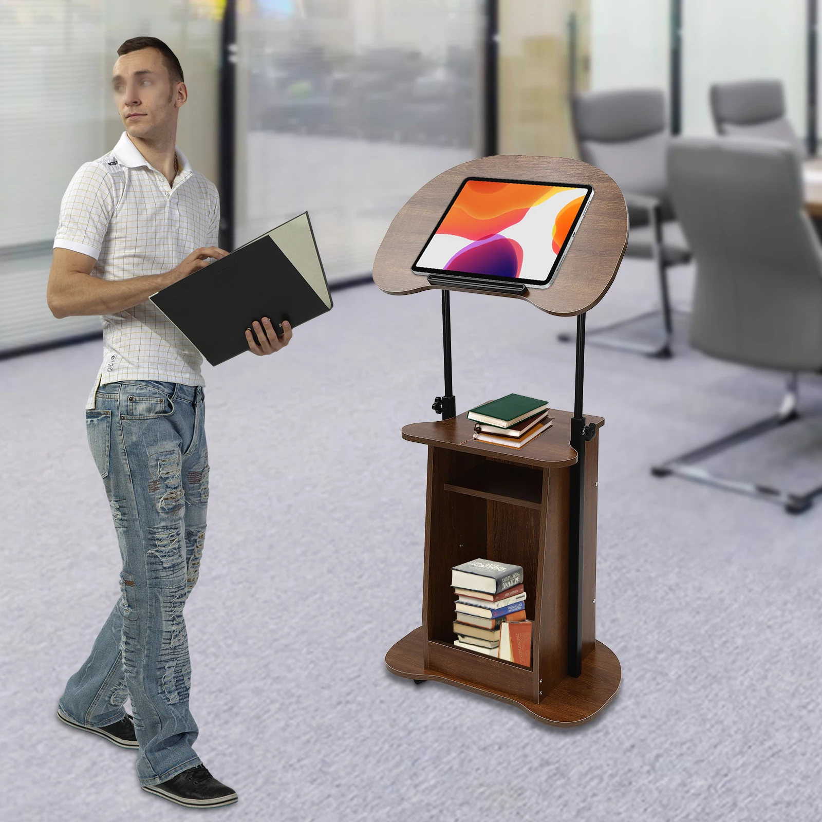 

90° Adjustable Rectangular Presentation Stand Portable Presentation Stand Brown with Anti-slip Bar&Pen Slot
