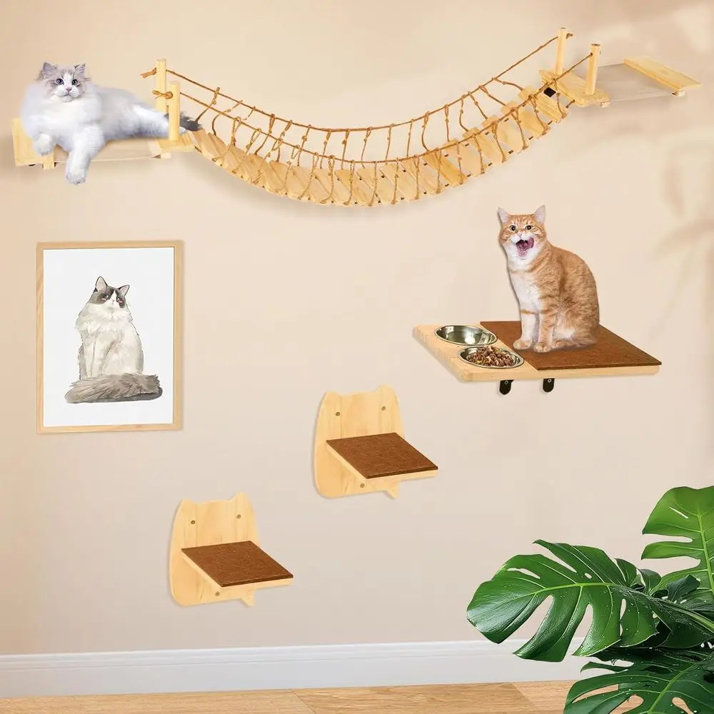

70 Wall-Mounted Cat Bridge with Wooden Hammock, Climbing Shelf, and Bed