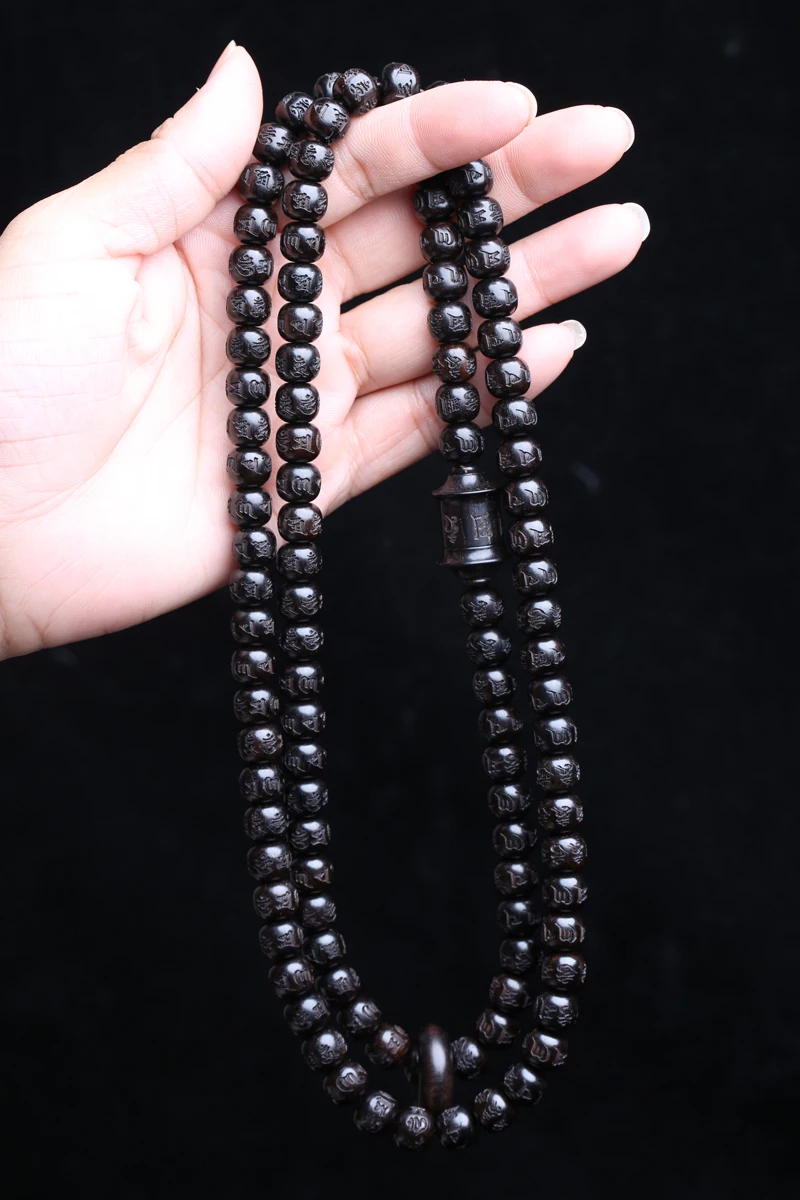 Natürliche Ebenholz tibetisch-buddhistische Gebetsmühle Mantra Perlen 8 mm x 9 mm 108 Perlen MALA Halskette – Detail 1