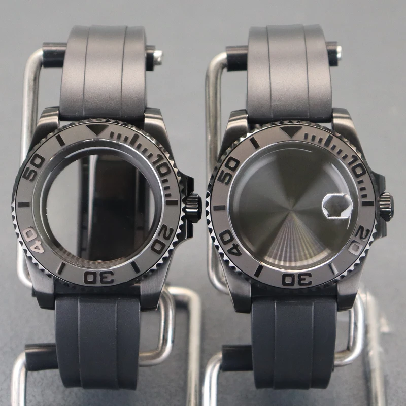 

40mm PVD Black Watch Case Rubber Strap Sapphire Glass For Yacht Seiko NH35 NH36 NH34/38 4R36 Mivota 8215 8205 Eta 2824 Movements