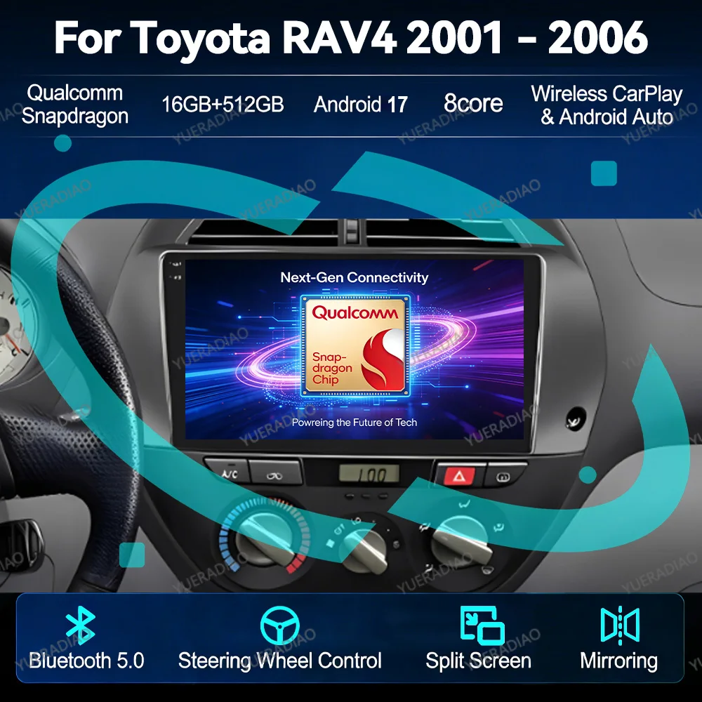 Autoradio Android 17 pour Toyota RAV4 Rav 4 2001 2002 2003 2004 2005 2006 QLED 4G WIFI GPS NAVI Lecteur Multimédia Vidéo